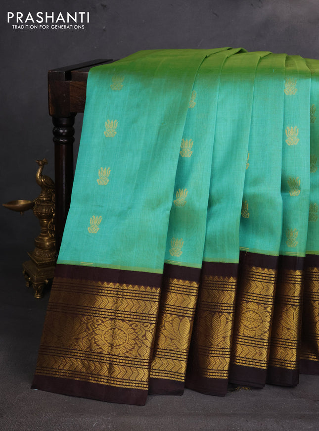 Silk cotton saree teal green and coffee brown with zari woven buttas and zari woven korvai border