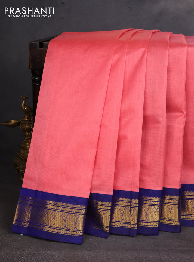 Silk cotton saree peach pink and blue with allover vairaosi pattern and zari woven korvai border