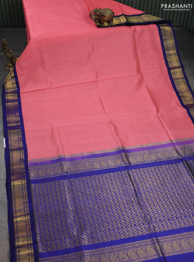 Silk cotton saree peach pink and blue with allover vairaosi pattern and zari woven korvai border