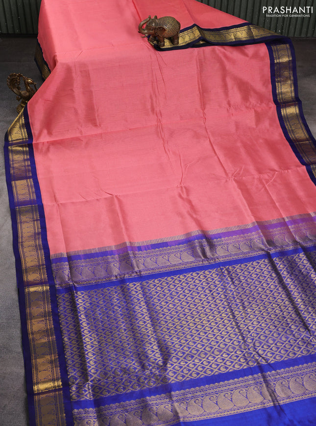 Silk cotton saree peach pink and blue with allover vairaosi pattern and zari woven korvai border