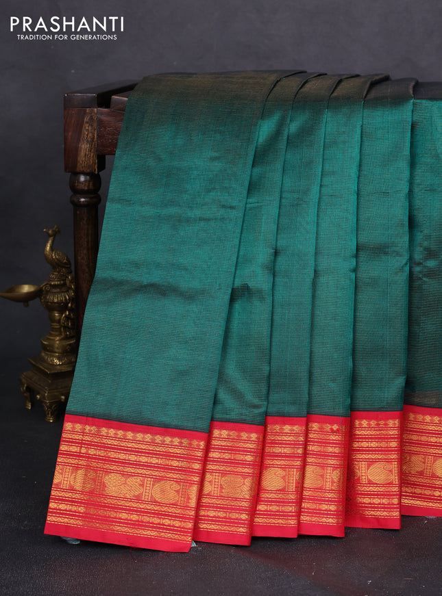 Silk cotton saree green and red with allover vairaosi pattern and zari woven korvai border