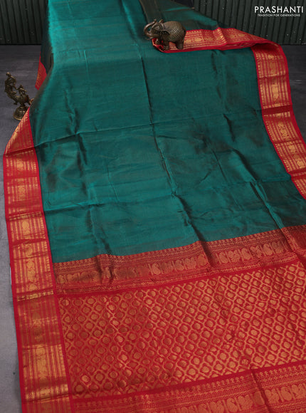 Silk cotton saree green and red with allover vairaosi pattern and zari woven korvai border