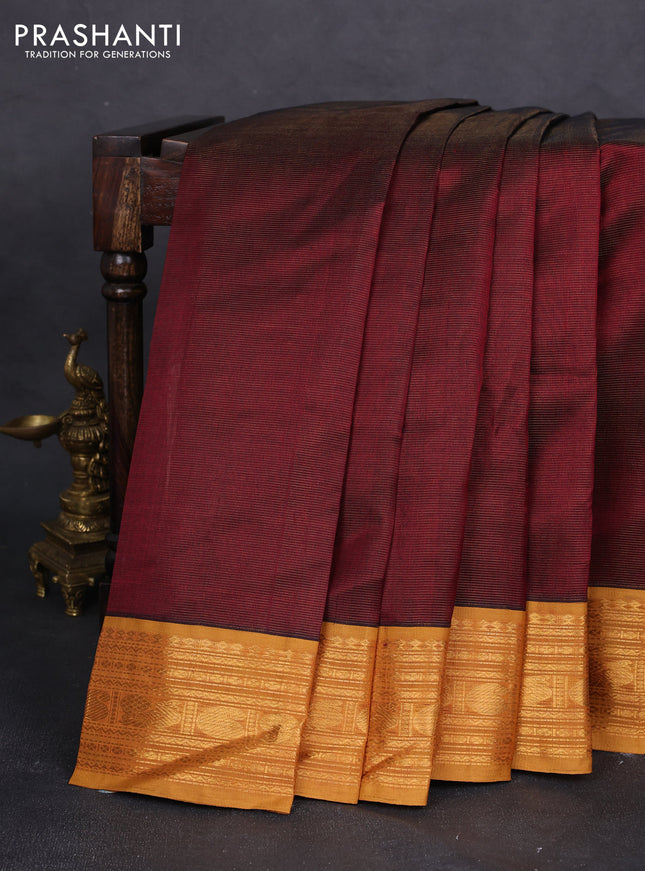 Silk cotton saree maroon and mustard yellow with allover vairaosi pattern and zari woven korvai border