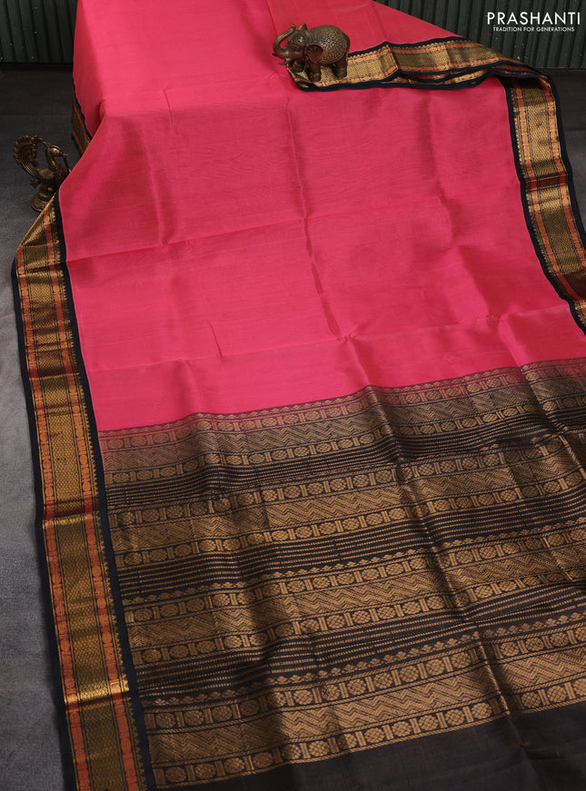 Silk cotton saree pink and black with allover vairaosi pattern and zari woven korvai border