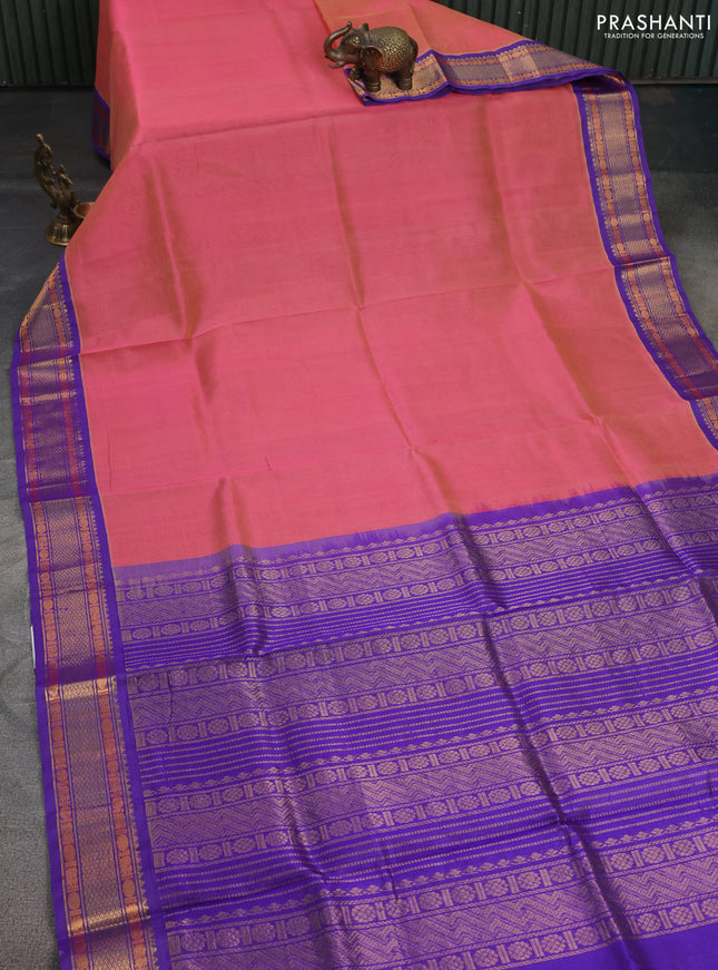 Silk cotton saree peach pink and blue with allover vairaosi pattern and zari woven korvai border