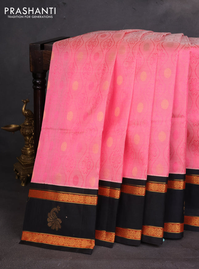 Silk cotton saree candy pink and black with allover self emboss & zari buttas and rettapet zari woven korvai border