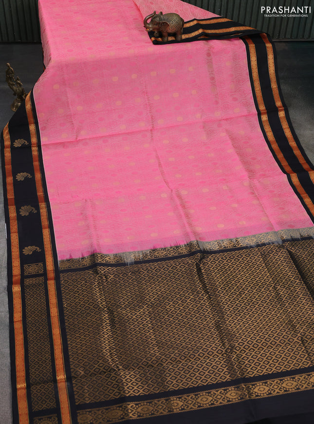 Silk cotton saree candy pink and black with allover self emboss & zari buttas and rettapet zari woven korvai border