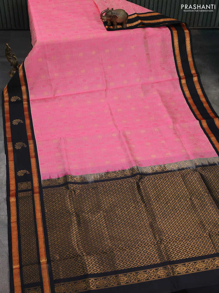 Silk cotton saree candy pink and black with allover self emboss & zari buttas and rettapet zari woven korvai border