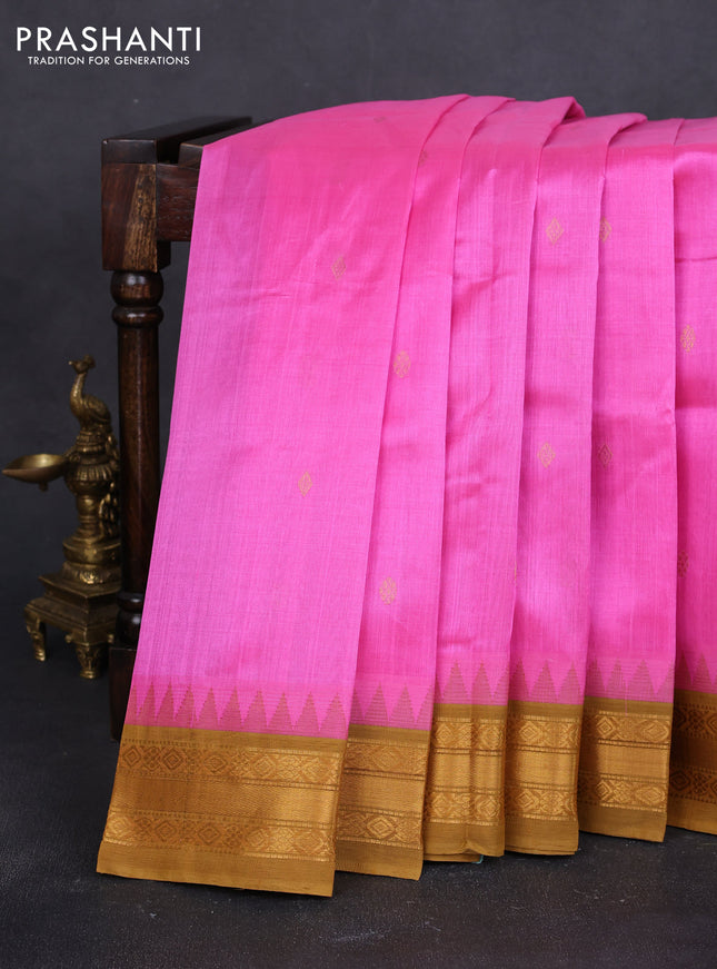 Silk cotton saree candy pink and dark mustard with zari woven buttas and temple zari woven korvai border