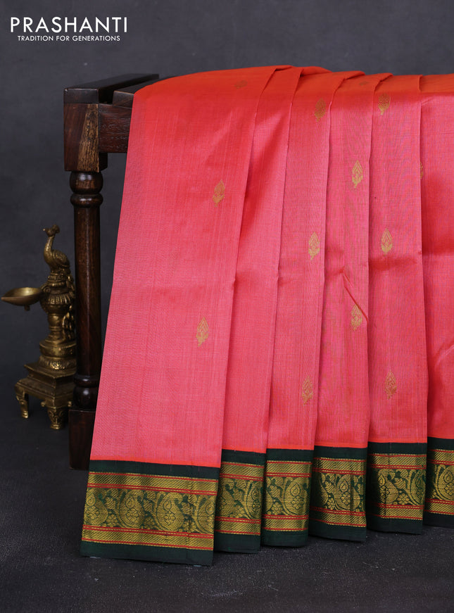 Silk cotton saree pink and bottle green with zari woven buttas and paisley zari woven korvai border