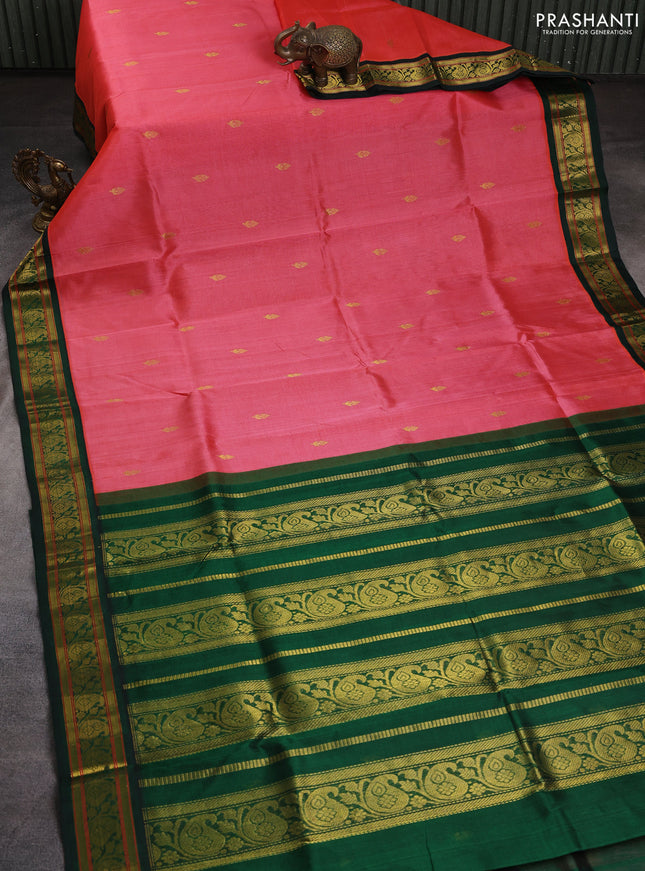 Silk cotton saree pink and bottle green with zari woven buttas and paisley zari woven korvai border