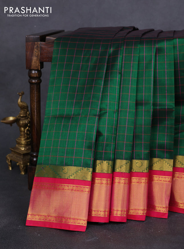 Silk cotton saree bottle green and pink with allover checked pattern and temple rettapet zari woven korvai border