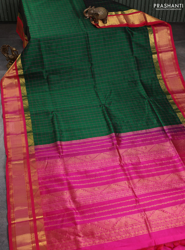 Silk cotton saree bottle green and pink with allover checked pattern and temple rettapet zari woven korvai border