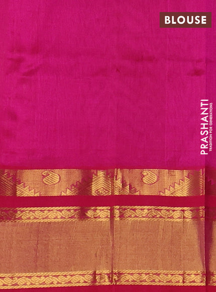 Silk cotton saree bottle green and pink with allover checked pattern and temple rettapet zari woven korvai border
