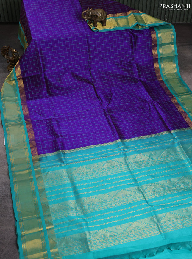 Silk cotton saree blue and teal green with allover thread checked pattern and temple rettapet zari woven korvai border