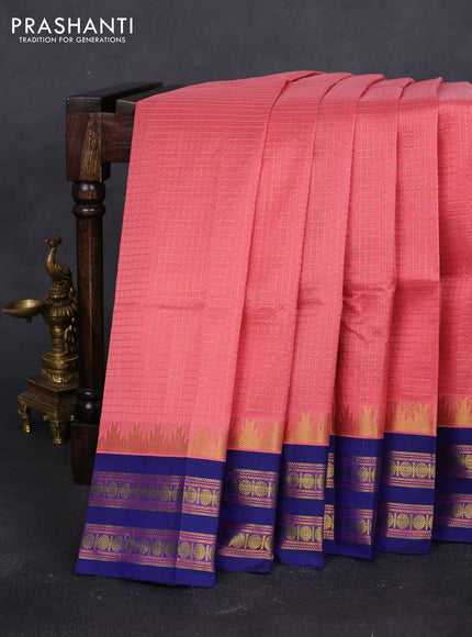 Silk cotton saree peach pink and blue with allover small checked pattern and temple rettapet zari woven kovai border