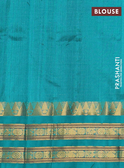 Silk cotton saree deep jamun shade and teal green with allover small checked pattern and temple rettapet zari woven korvai border