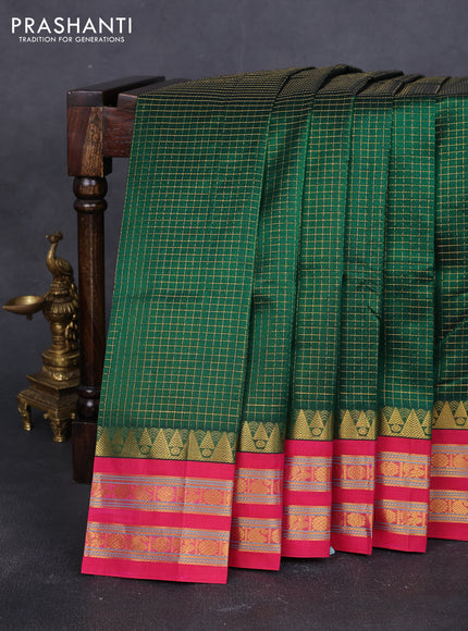 Silk cotton saree bottle green and pink with allover small checked pattern and temple design rettapet zari korvai border