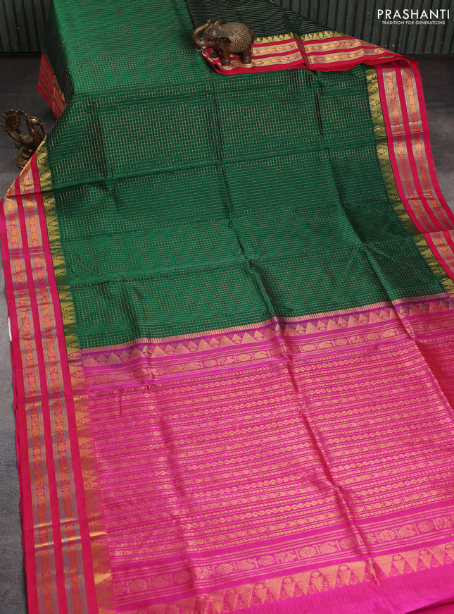 Silk cotton saree bottle green and pink with allover small checked pattern and temple design rettapet zari korvai border