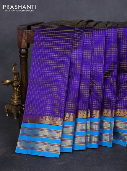 Silk cotton saree blue and teal blue with allover small checked pattern and temple design rettapet zari korvai border