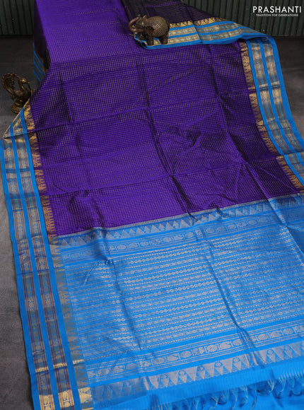 Silk cotton saree blue and teal blue with allover small checked pattern and temple design rettapet zari korvai border