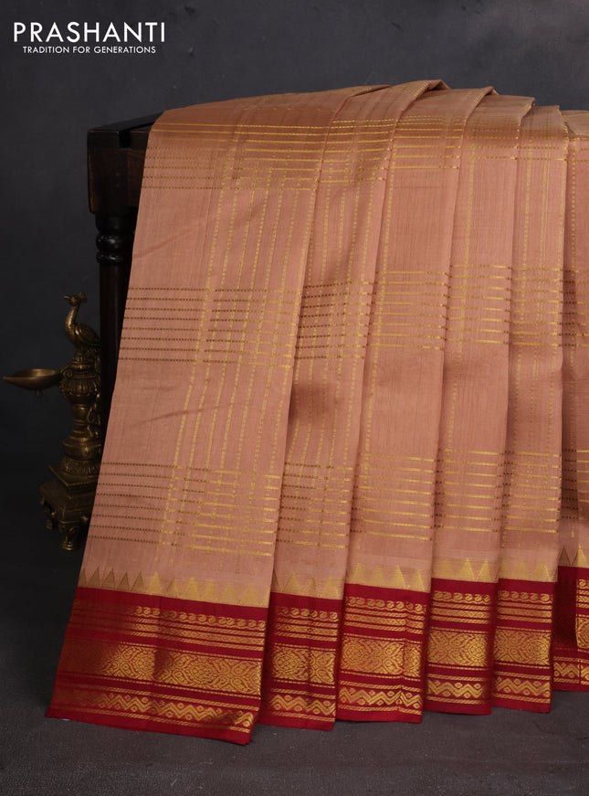 Silk cotton saree sandal and maroon with allover zari checked pattern and zari woven korvai border