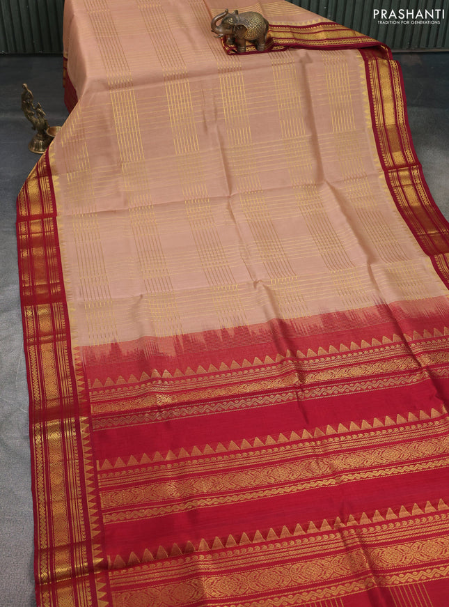 Silk cotton saree sandal and maroon with allover zari checked pattern and zari woven korvai border
