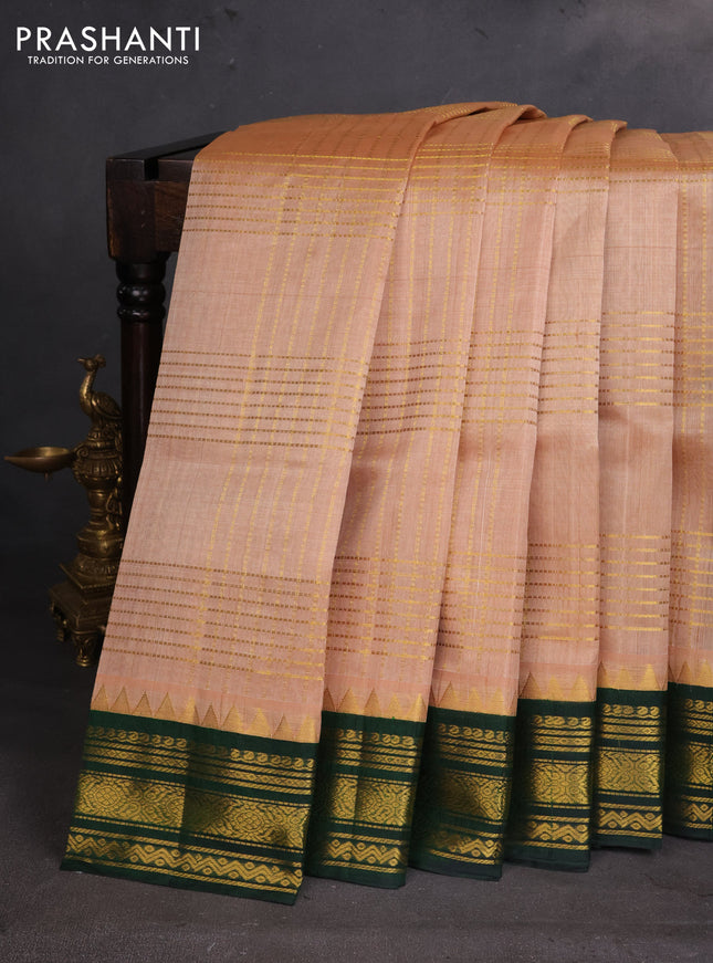 Silk cotton saree sandal and green with allover zari checked pattern and zari woven korvai border
