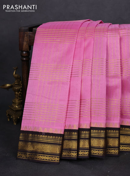 Silk cotton saree light pink and deep coffee brown with allover zari checked pattern and zari woven korvai border