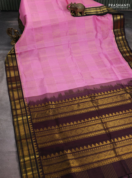 Silk cotton saree light pink and deep coffee brown with allover zari checked pattern and zari woven korvai border