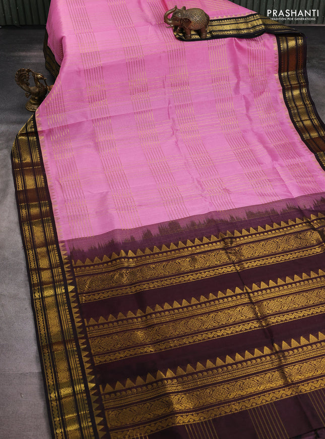 Silk cotton saree light pink and deep coffee brown with allover zari checked pattern and zari woven korvai border