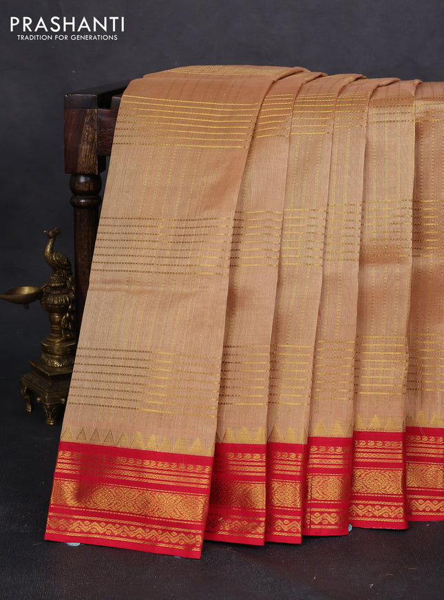 Silk cotton saree sandal and red with zari checked pattern and zari woven korvai border