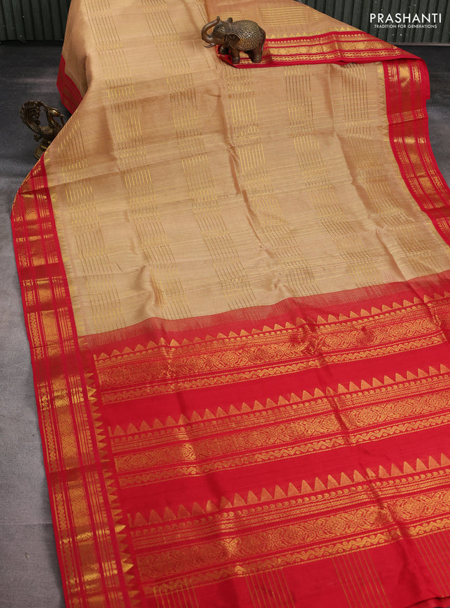 Silk cotton saree sandal and red with zari checked pattern and zari woven korvai border