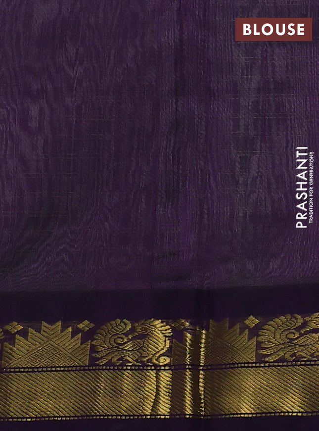 Silk cotton saree pista green and blue with allover zari woven checked pattern and zari woven korvai border