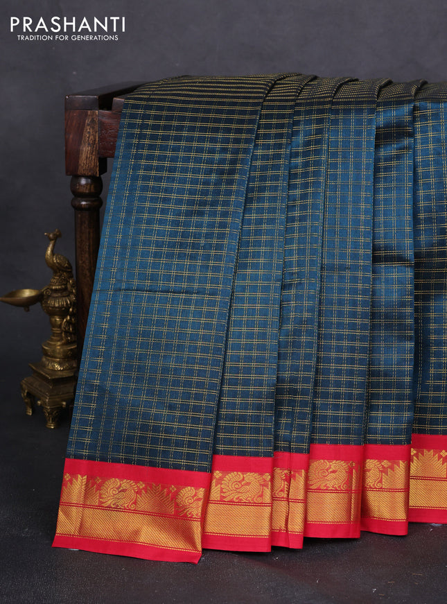 Silk cotton saree peacock blue and red with allover zari woven checked pattern and zari woven korvai border