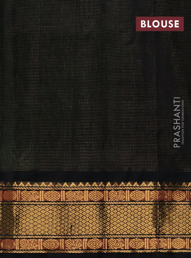 Silk cotton saree piata green and black with plain body and temple design zari woven border