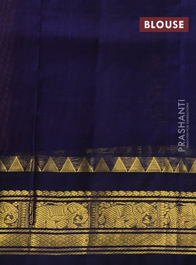 Silk cotton saree peach and navy blue with allover zari woven checked pattern and elephant zari woven korvai border