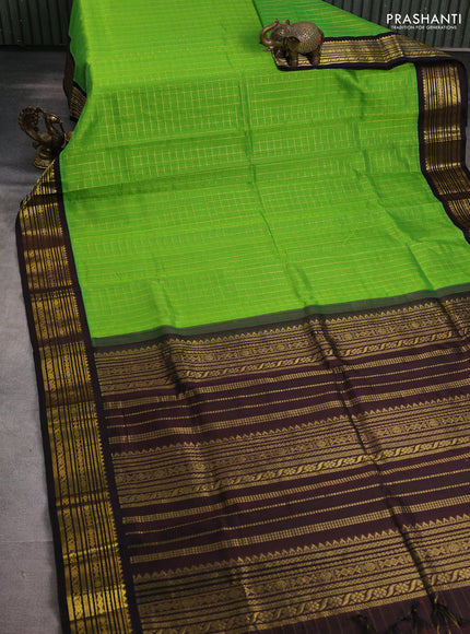 Silk cotton saree light green and deep coffee brown with allover zari checked pattern and zari woven korvai border