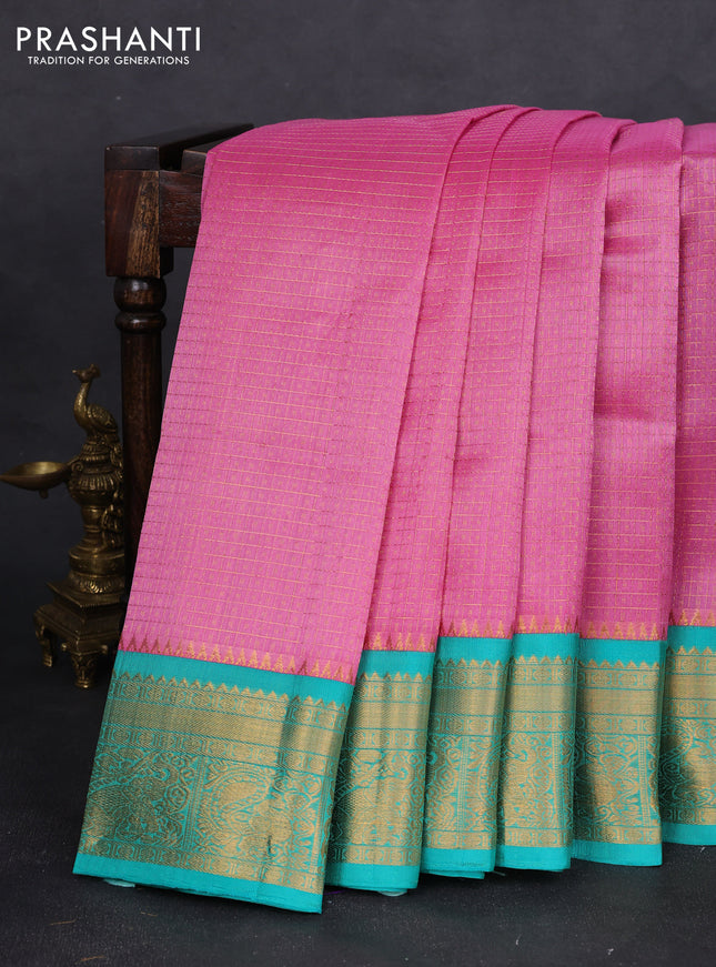 Kuppadam silk cotton saree light pink and teal green with allover laksha deepam weaves and zari woven border