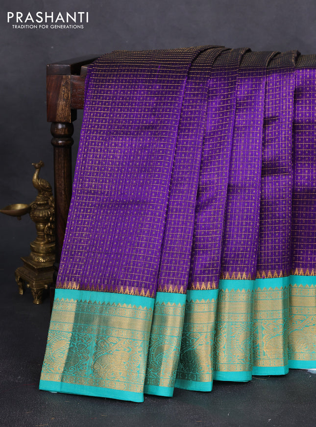 Kuppadam silk cotton saree violet and teal green with allover zari checks & lakshadeepam weaves and zari woven border