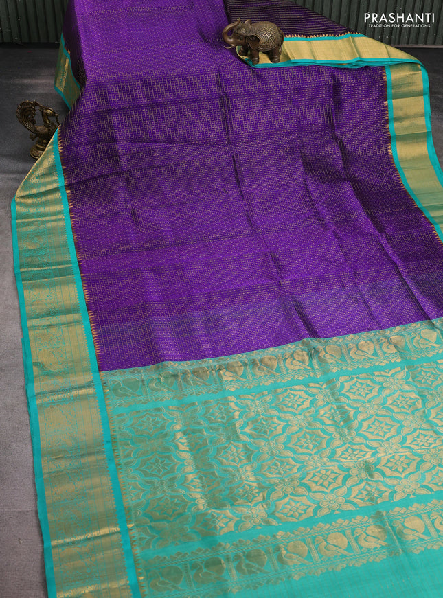 Kuppadam silk cotton saree violet and teal green with allover zari checks & lakshadeepam weaves and zari woven border