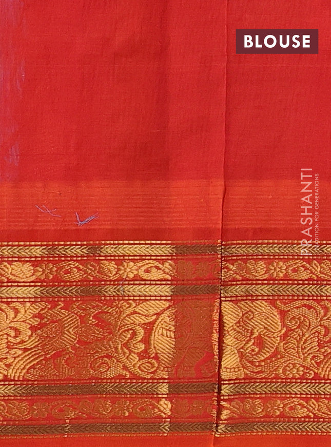 Kuppadam silk cotton saree cs blue and orange with allover zari weaves & buttas with temple design zari woven border