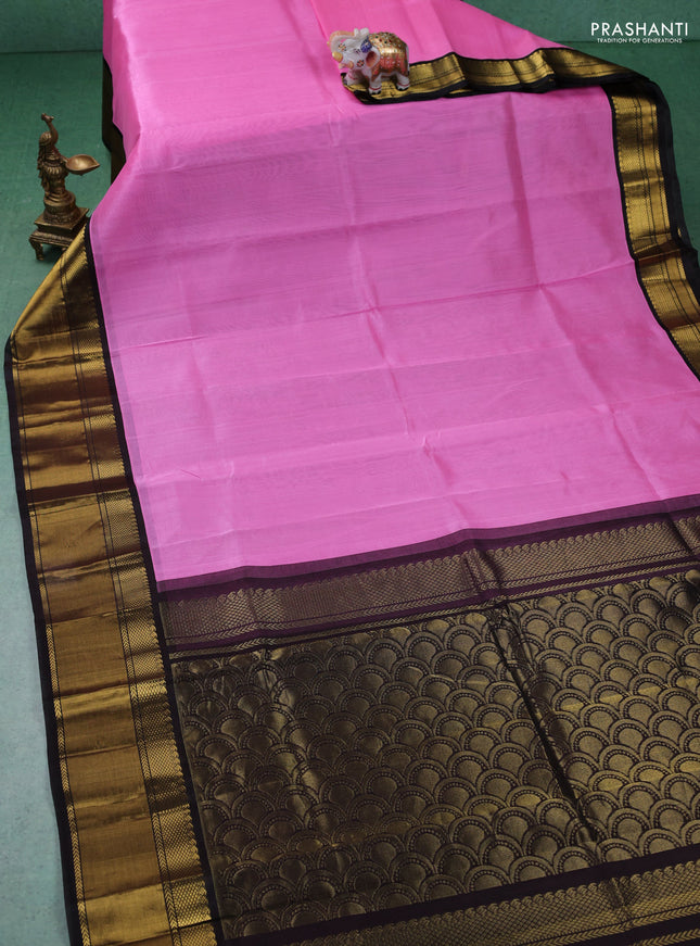 Kuppadam silk cotton saree candy pink and coffee brown with plain body and zari woven border