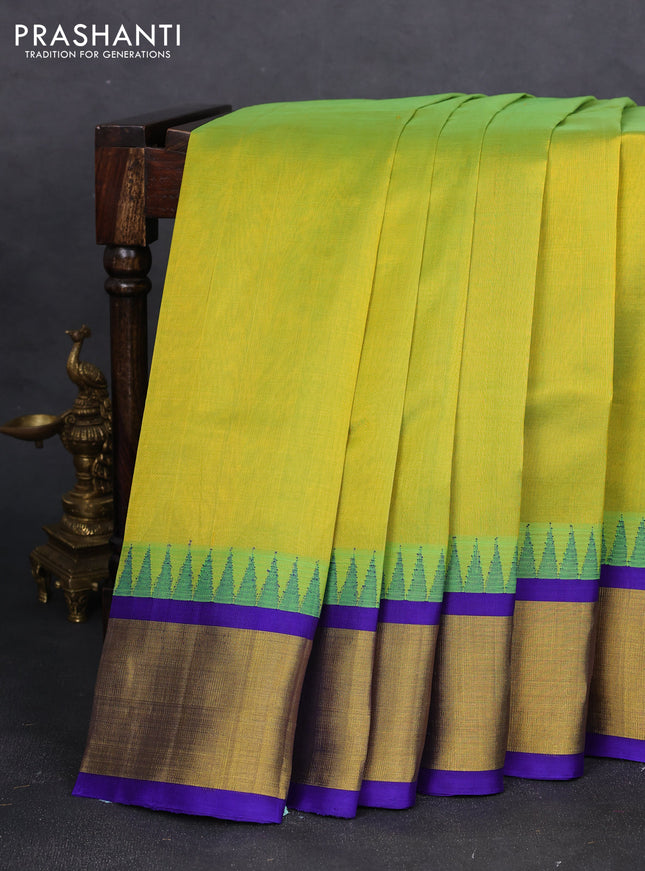 Kuppadam silk cotton saree lime green and blue with plain body and zari woven border