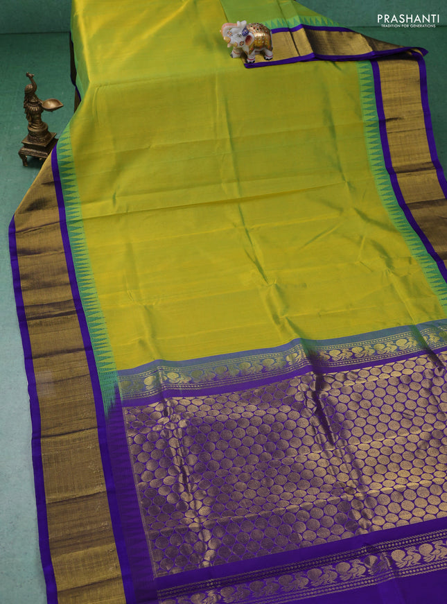 Kuppadam silk cotton saree lime green and blue with plain body and zari woven border