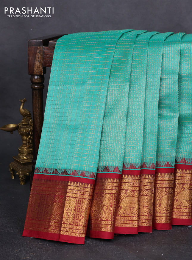 Kuppadam silk cotton saree teal green and maroon with allover zari checks & lakshadeepam weaves and zari woven border