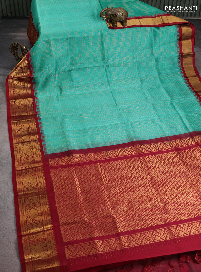 Kuppadam silk cotton saree teal green and maroon with allover zari checks & lakshadeepam weaves and zari woven border