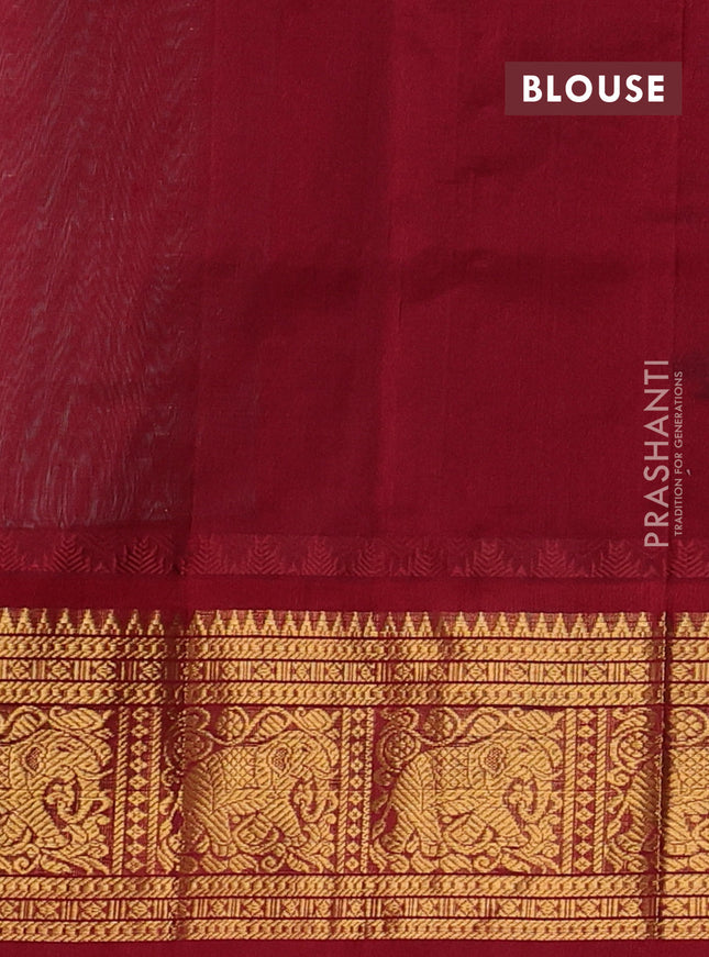 Kuppadam silk cotton saree teal green and maroon with allover zari checks & lakshadeepam weaves and zari woven border