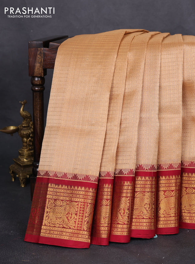 Kuppadam silk cotton saree sandal and maroon with allover zari checks & lakshadeepam weaves and zari woven border