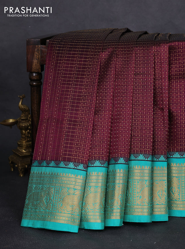 Kuppadam silk cotton saree wine shade and teal green with allover zari checks & lakshadeepam weaves and zari woven border